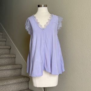 Free People Sz L Lavender Lace V Neck Tee Shirt
